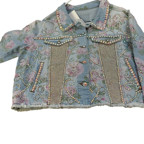 (H-216) Embellished Rose Print Denim Jean Jacket Size L - Picture 12 of 14